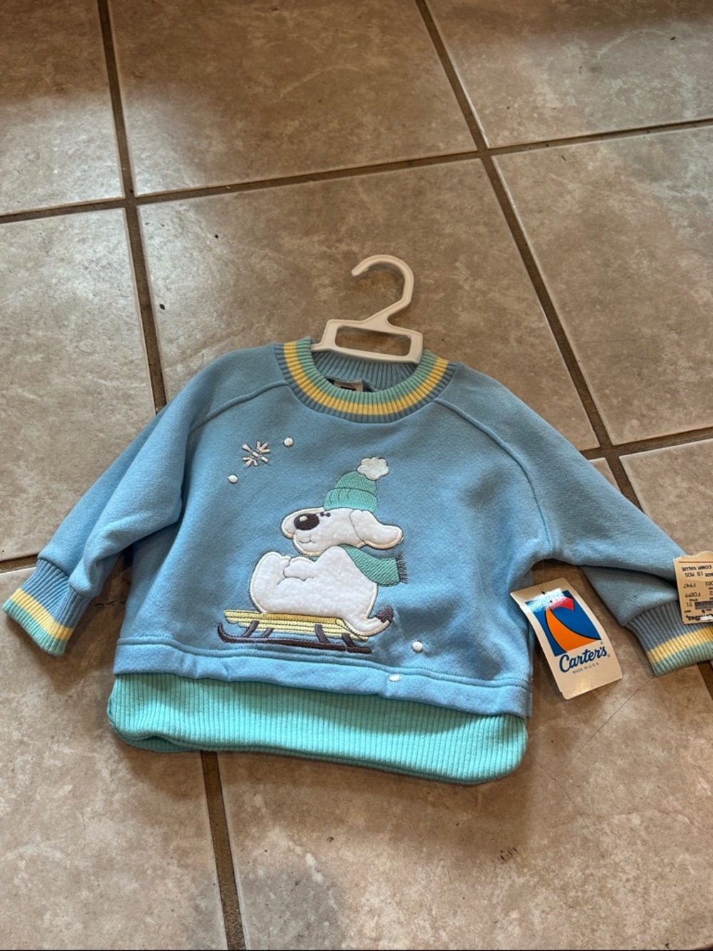 Carter's vintage new Light Blue Pullover with Dog Sled Applique and Mint Trim